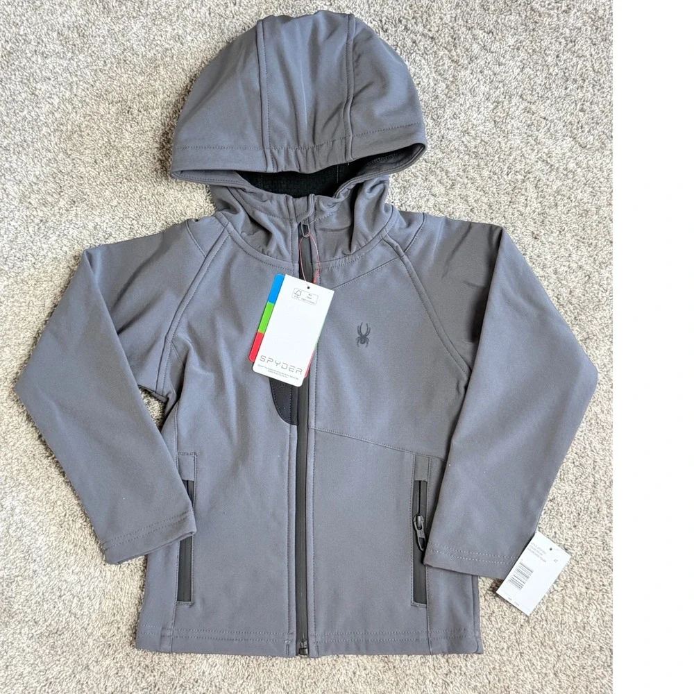 Spyder Kids Grey Softshell Hooded Jacket Full Zip Fleece Lined 4T New with Tags
